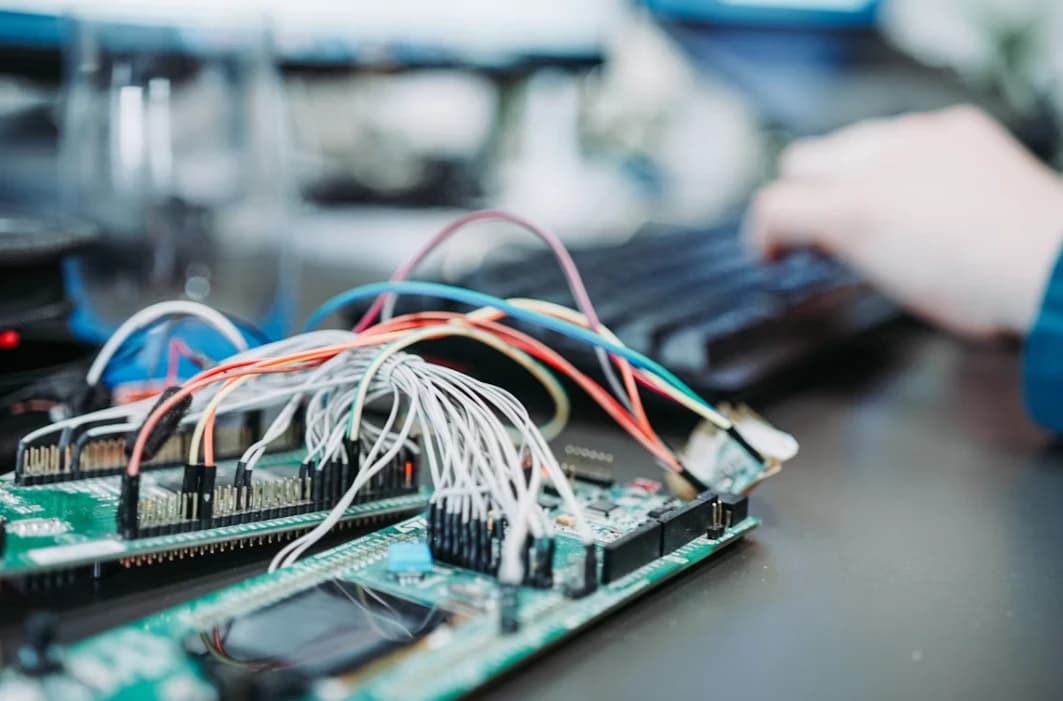 Placa eletrônica com sensores e fios - integração de máquinas industriais